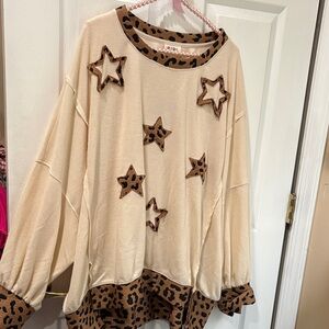 BIbi animal print star an trim cream waffle oversized pullover